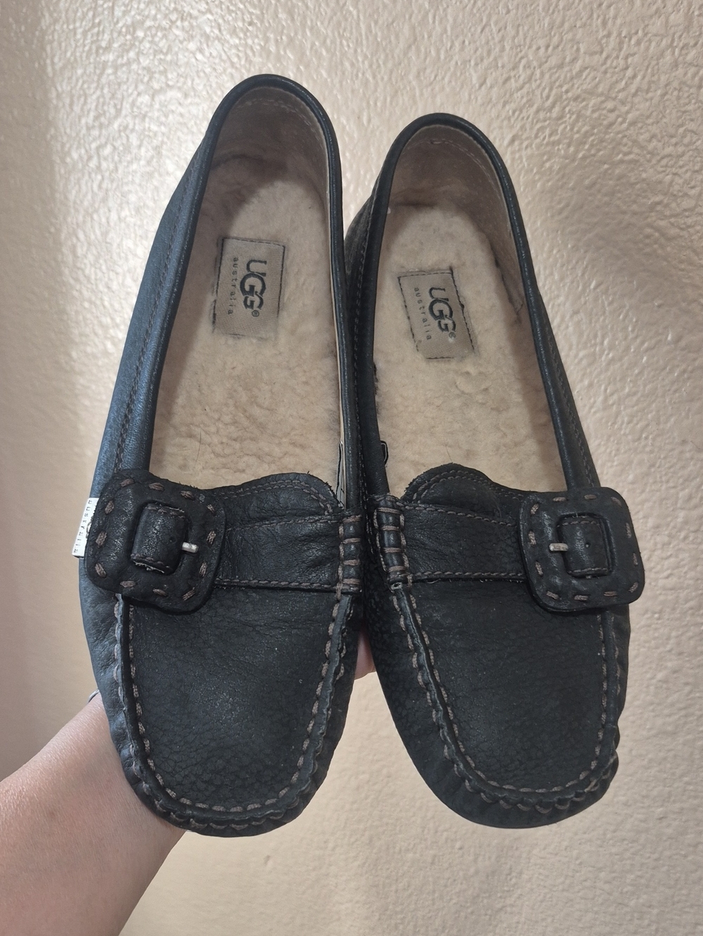 UGG Black Shearling-Lined Moccasin Loafers with Buckle Detail
